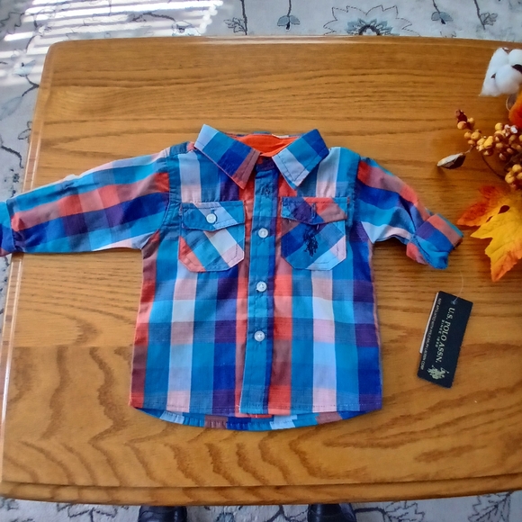 U.S. Polo Assn. Kids Plaid Button Down Shirt - Blue, Red, Orange Size 3/6 Mts. - Picture 1 of 7
